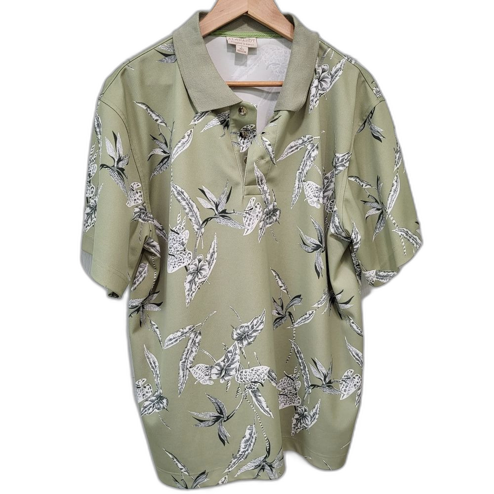 Hawaiian Men's Green Floral Polo Shirt Large